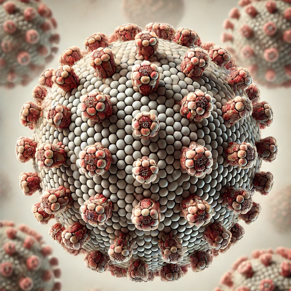 DALL·E 2024-09-16 06.25.42 - A close-up, highly detailed scientific illustration of the monkeypox virus. The virus particles are depicted as oval or brick-shaped structures, with