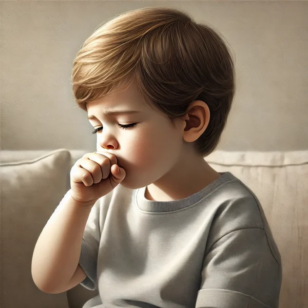 DALL·E 2024-09-15 10.12.38 - A realistic illustration of a young child coughing. The child is around 5 years old, with light brown hair, wearing a simple t-shirt. The child is sit