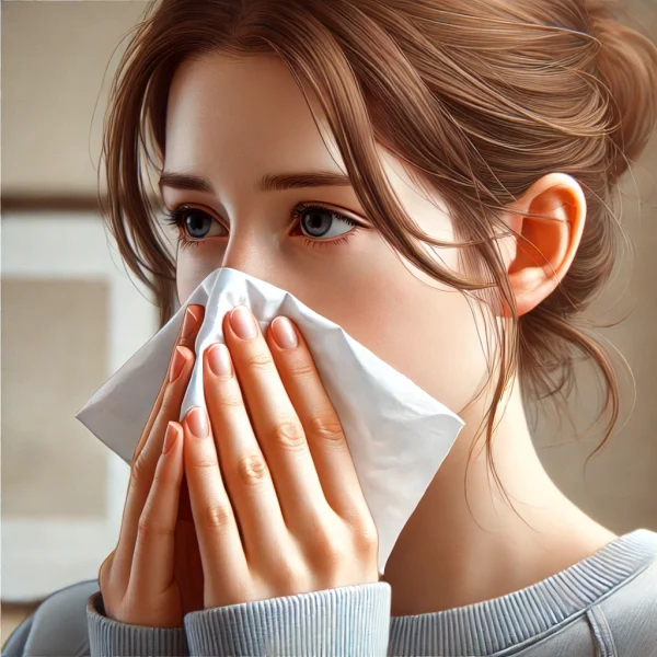 DALL·E 2024-09-15 10.29.35 - A realistic illustration of a person blowing their nose into a tissue. The person is holding the tissue up to their nose with both hands, slightly lea