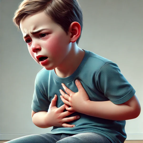 DALL·E 2024-09-15 10.30.12 - A realistic illustration of a young child experiencing difficulty breathing. The child, around 5 years old, is shown sitting upright, struggling to ca
