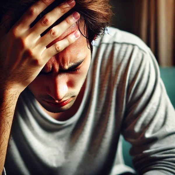 DALL·E 2024-09-15 10.49.52 - A person experiencing a headache and fever, sitting or lying down in discomfort. The person should have visible signs of fever, like sweating and flus