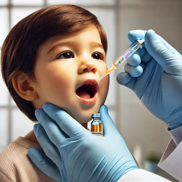 close-up of a young child receiving an oral polio vaccine. The healthcare worker, wearing gloves, is holding a small dropper just above the child's